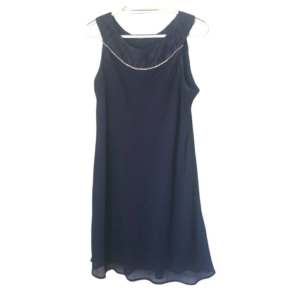 Le Bos Jeweled Neckline Dress Sleeveless Navy Blue Special Occasion Womens Sz 14